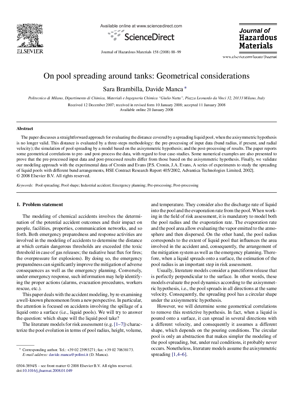 On pool spreading around tanks: Geometrical considerations