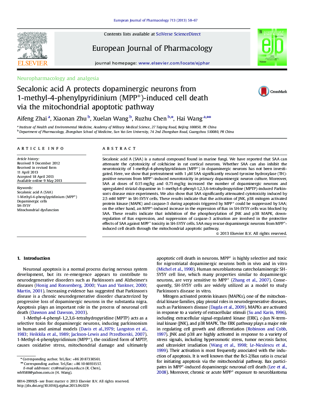 Secalonic acid A protects dopaminergic neurons from 1-methyl-4-phenylpyridinium (MPP+)-induced cell death via the mitochondrial apoptotic pathway