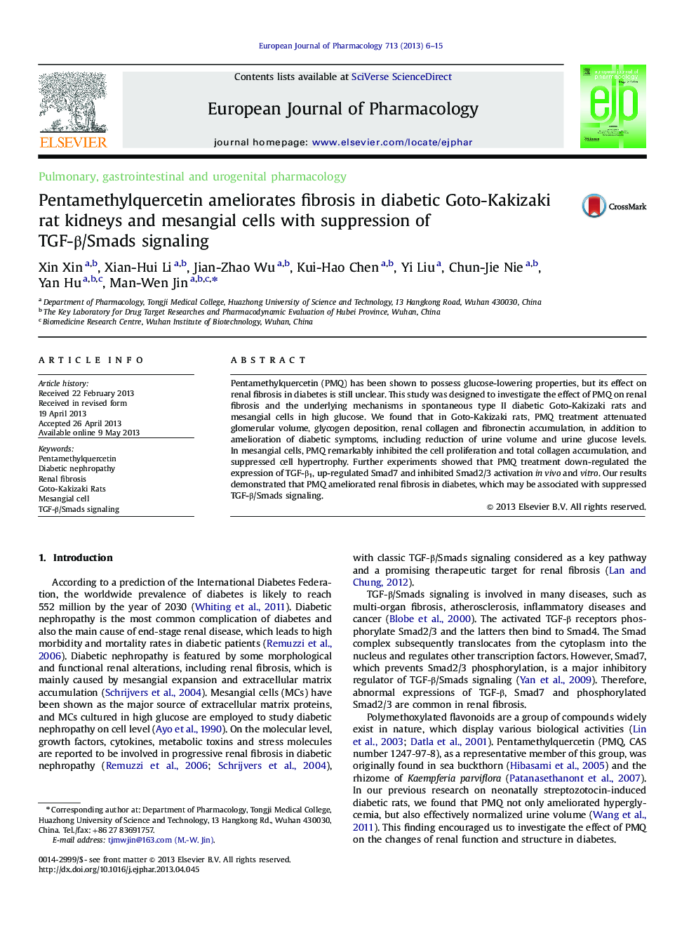 Pentamethylquercetin ameliorates fibrosis in diabetic Goto-Kakizaki rat kidneys and mesangial cells with suppression of TGF-Î²/Smads signaling