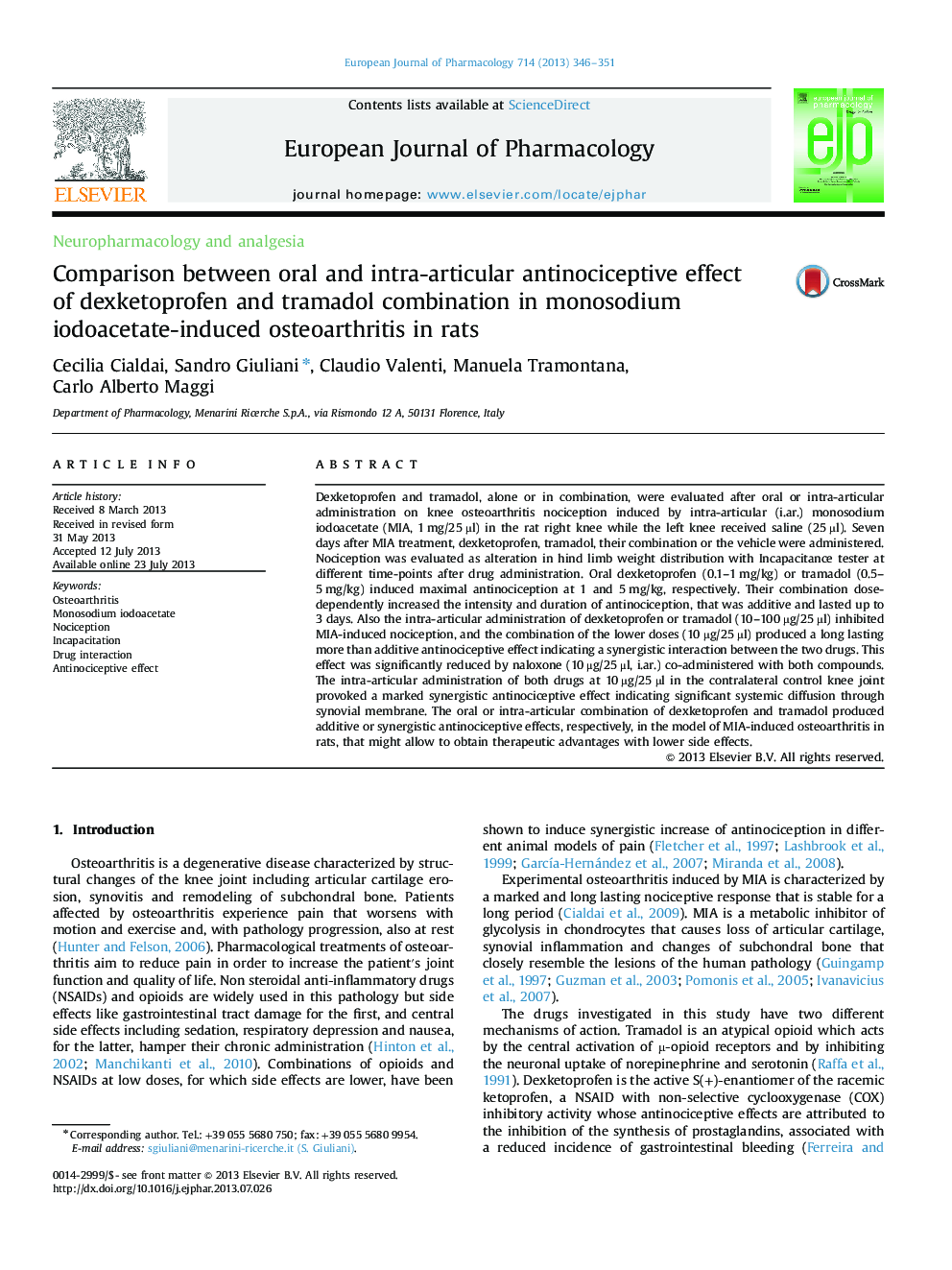 Neuropharmacology and analgesiaComparison between oral and intra-articular antinociceptive effect of dexketoprofen and tramadol combination in monosodium iodoacetate-induced osteoarthritis in rats