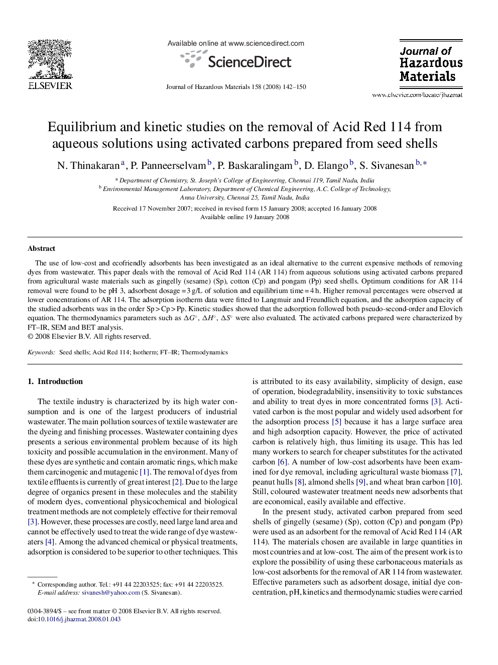 Equilibrium and kinetic studies on the removal of Acid Red 114 from aqueous solutions using activated carbons prepared from seed shells