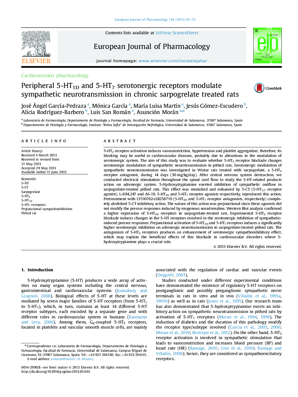 Peripheral 5-HT1D and 5-HT7 serotonergic receptors modulate sympathetic neurotransmission in chronic sarpogrelate treated rats