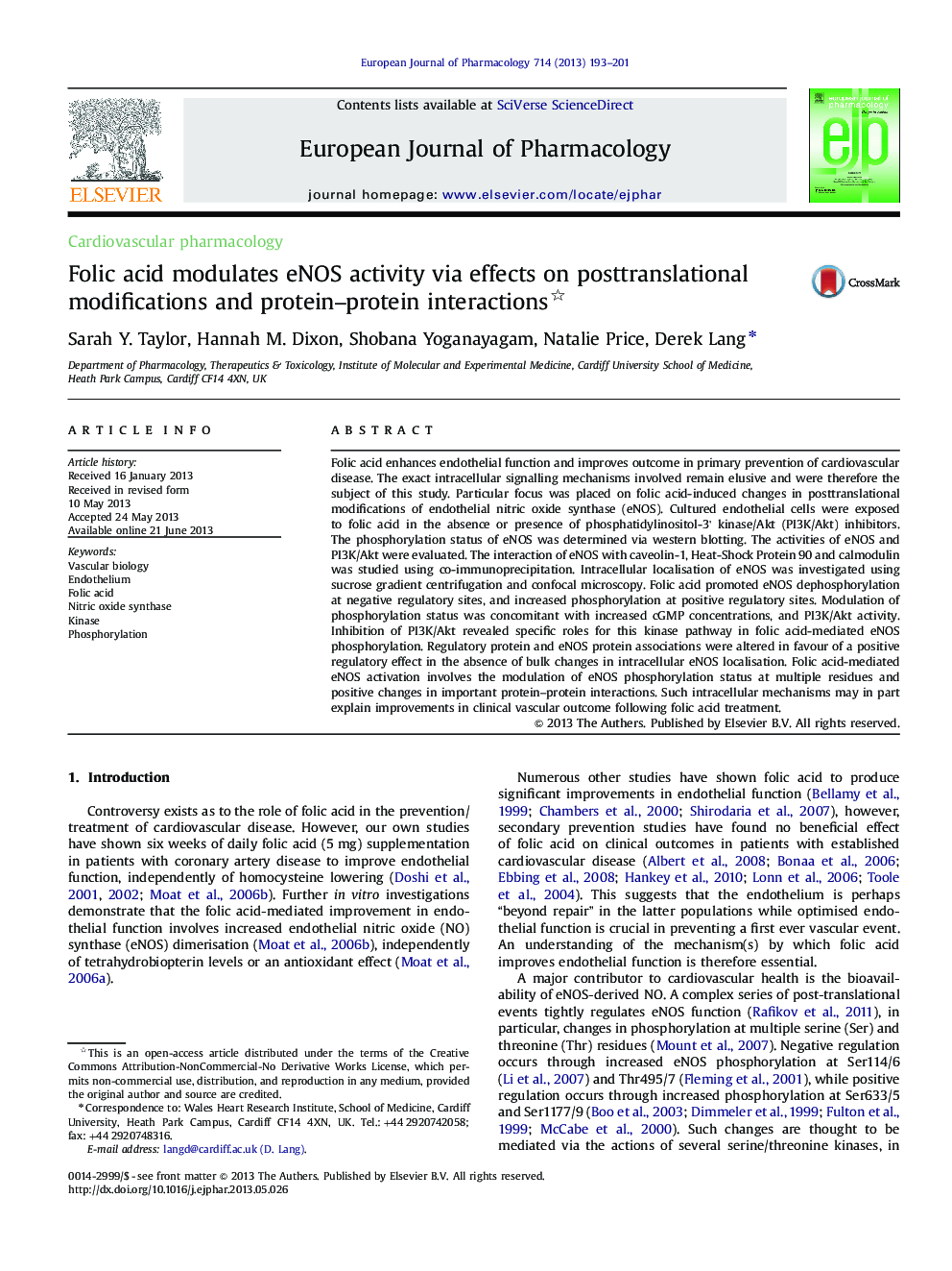 Folic acid modulates eNOS activity via effects on posttranslational modifications and protein-protein interactions