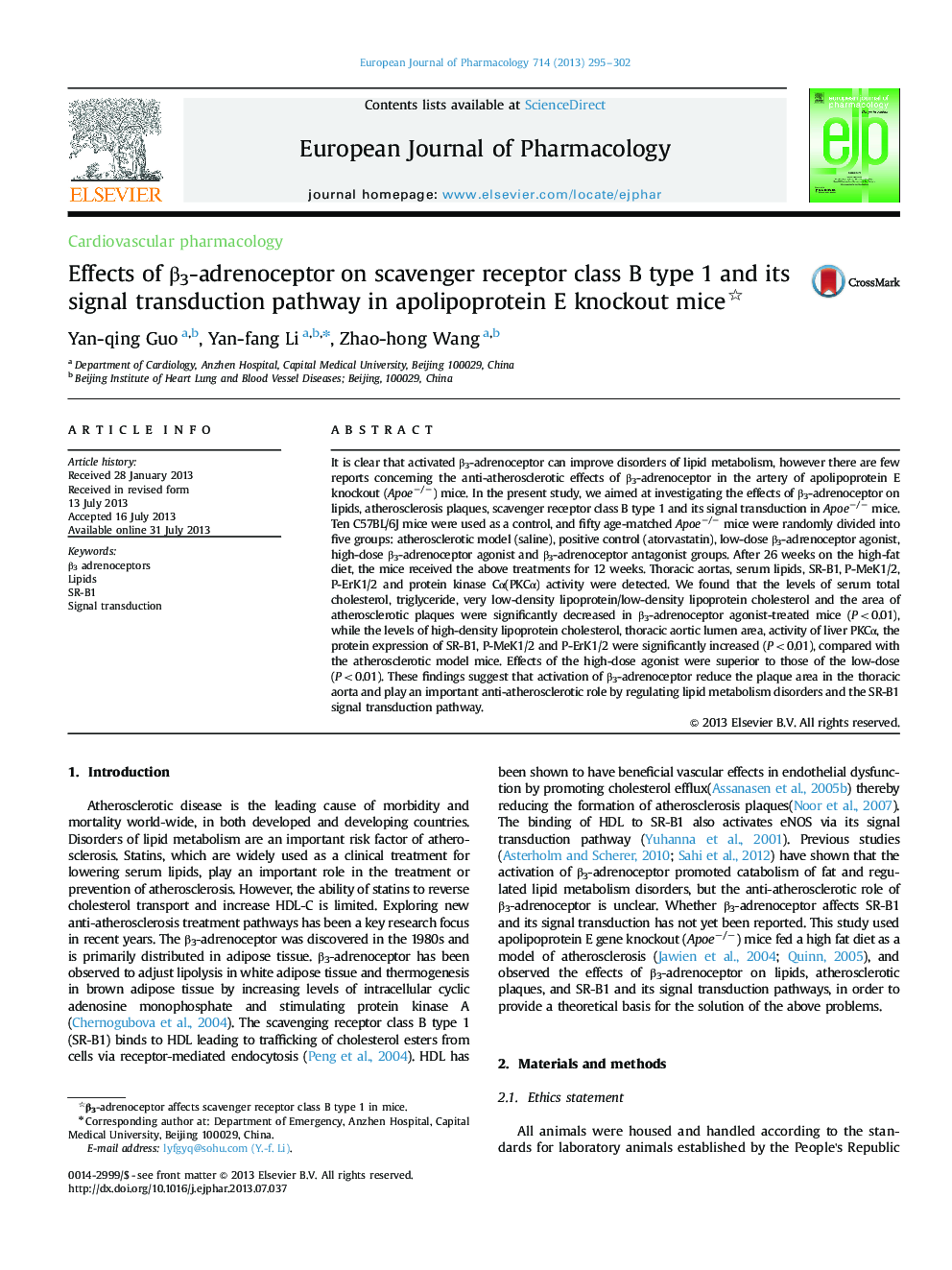 Effects of Î²3-adrenoceptor on scavenger receptor class B type 1 and its signal transduction pathway in apolipoprotein E knockout mice