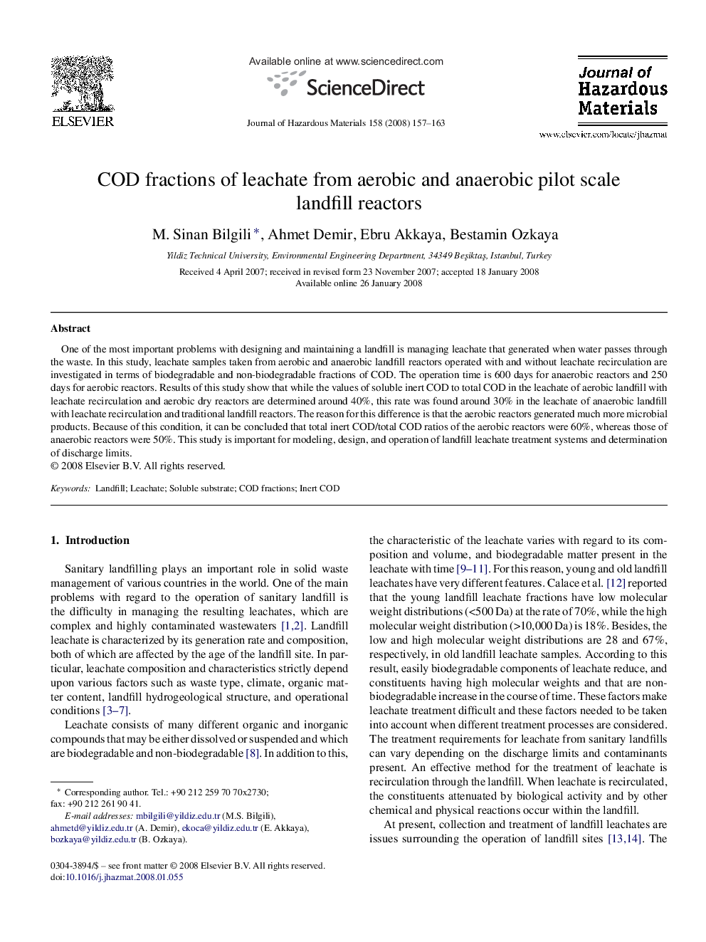 COD fractions of leachate from aerobic and anaerobic pilot scale landfill reactors