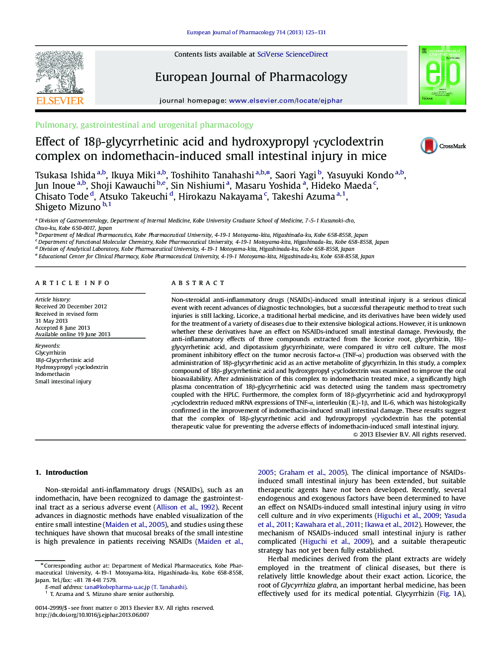 Effect of 18Î²-glycyrrhetinic acid and hydroxypropyl Î³cyclodextrin complex on indomethacin-induced small intestinal injury in mice