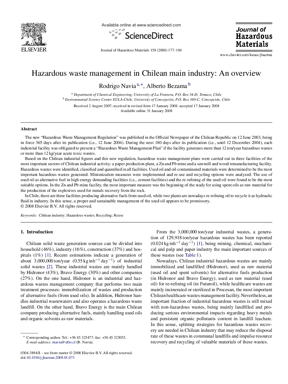 Hazardous waste management in Chilean main industry: An overview