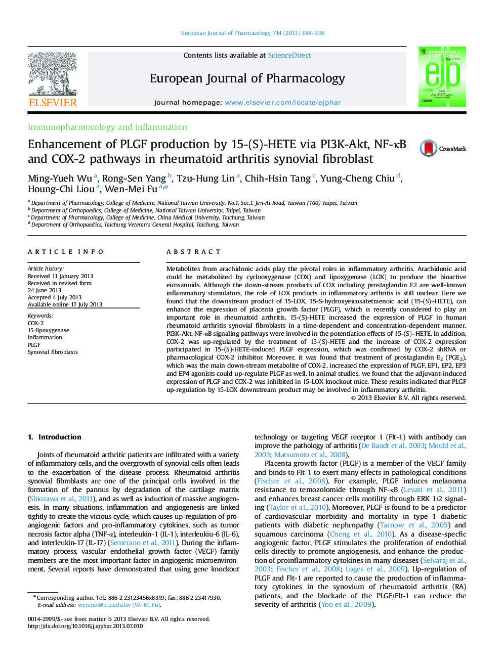 Immunopharmocology and inflammationEnhancement of PLGF production by 15-(S)-HETE via PI3K-Akt, NF-ÎºB and COX-2 pathways in rheumatoid arthritis synovial fibroblast