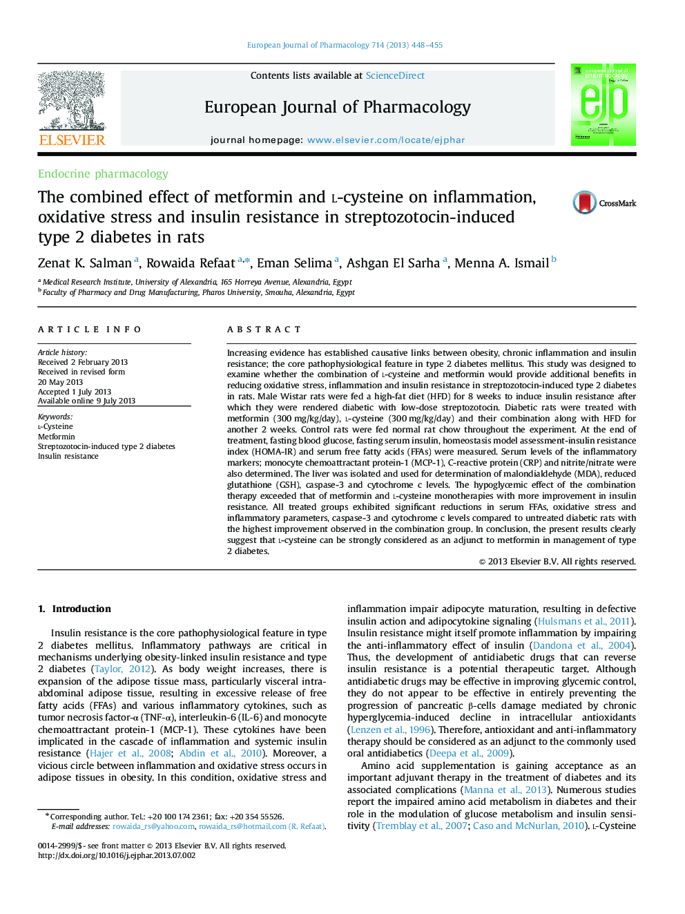 Endocrine pharmacologyThe combined effect of metformin and l-cysteine on inflammation, oxidative stress and insulin resistance in streptozotocin-induced type 2 diabetes in rats