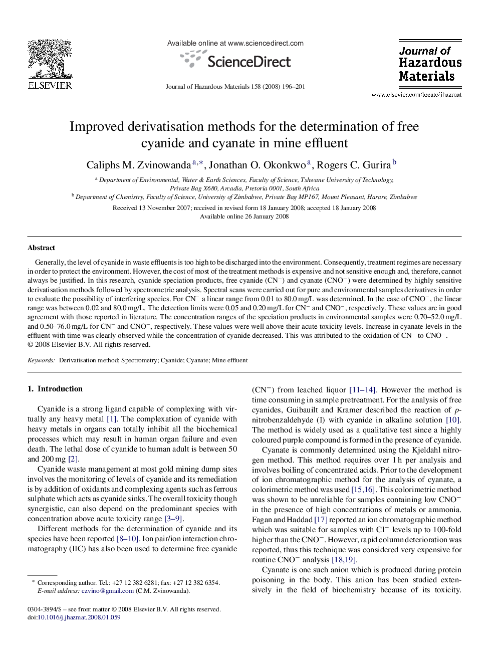 Improved derivatisation methods for the determination of free cyanide and cyanate in mine effluent