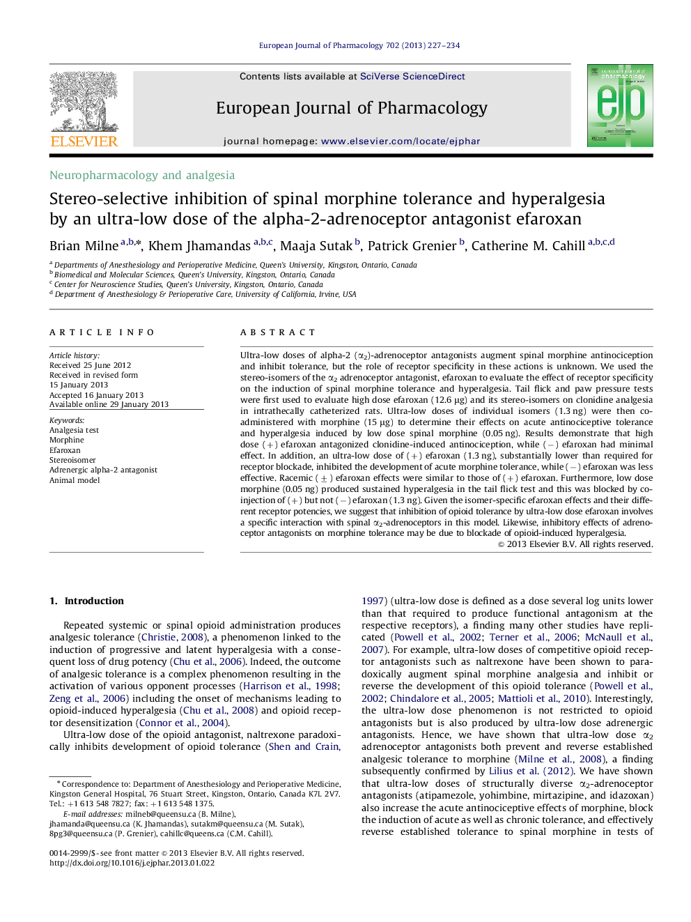 Stereo-selective inhibition of spinal morphine tolerance and hyperalgesia by an ultra-low dose of the alpha-2-adrenoceptor antagonist efaroxan