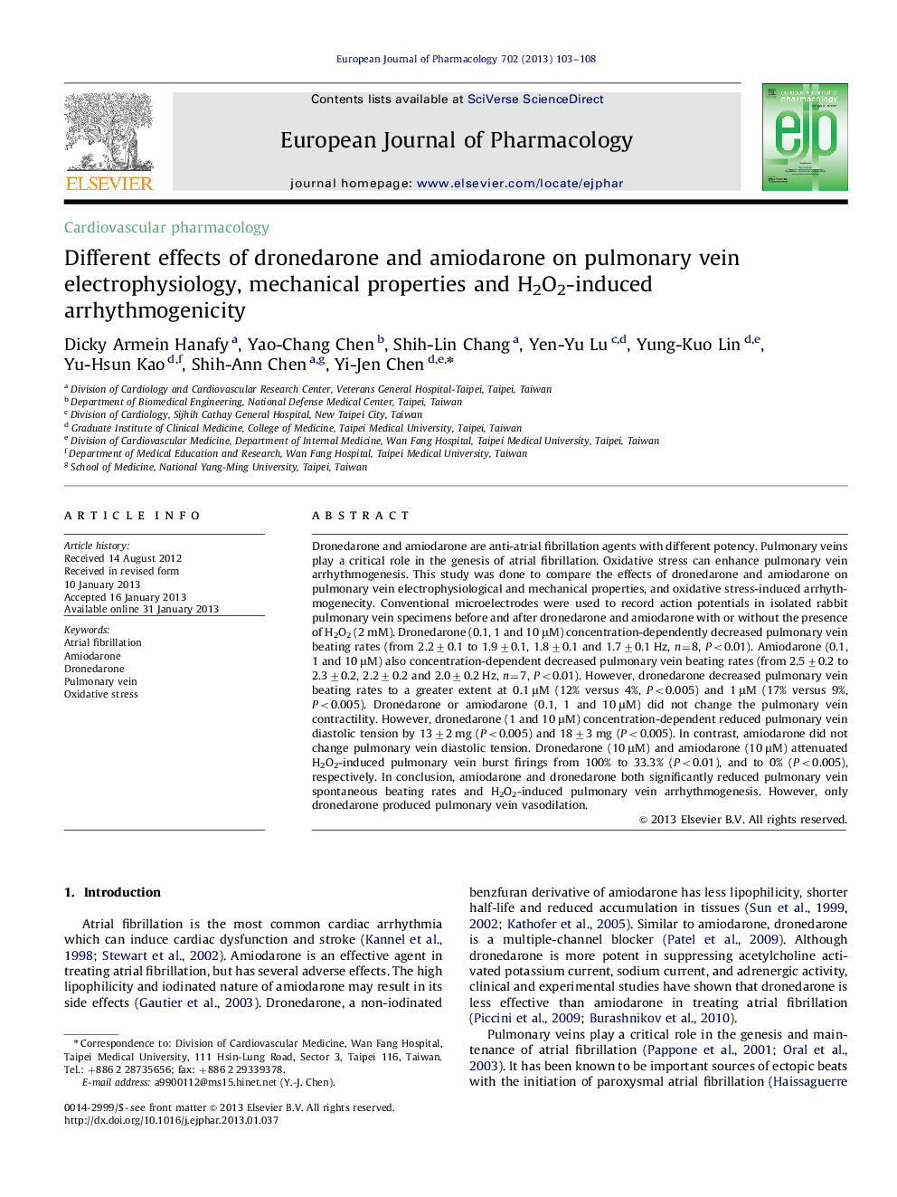 Different effects of dronedarone and amiodarone on pulmonary vein electrophysiology, mechanical properties and H2O2-induced arrhythmogenicity