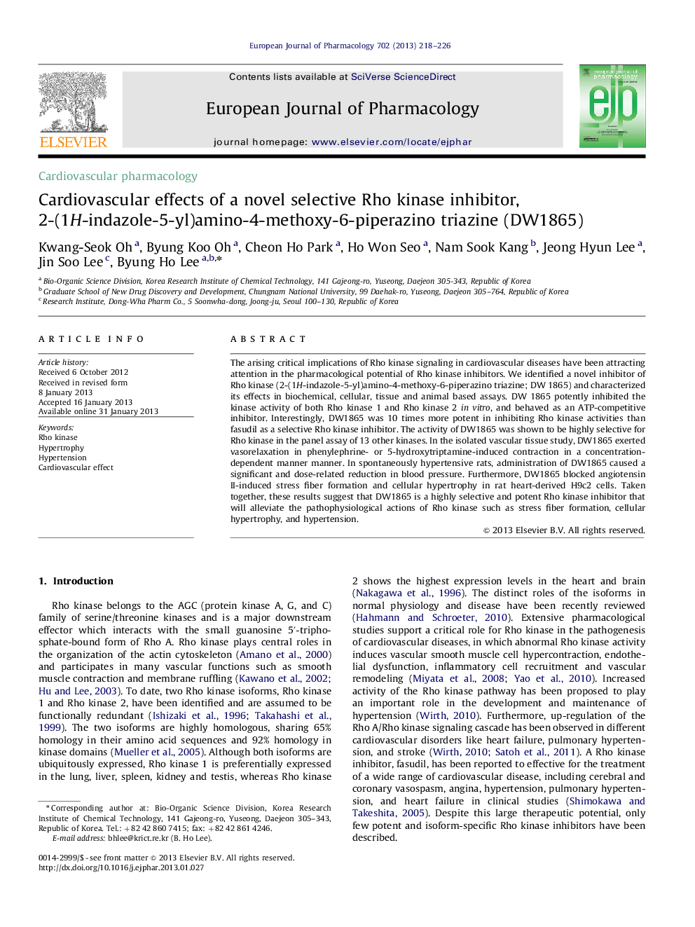 Cardiovascular effects of a novel selective Rho kinase inhibitor, 2-(1H-indazole-5-yl)amino-4-methoxy-6-piperazino triazine (DW1865)