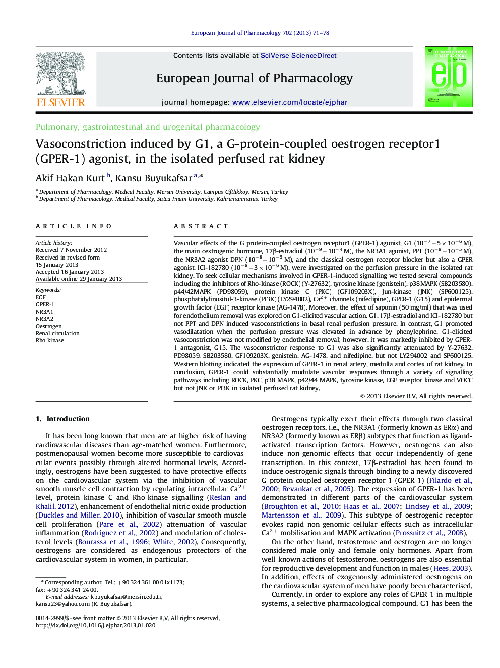 Vasoconstriction induced by G1, a G-protein-coupled oestrogen receptor1 (GPER-1) agonist, in the isolated perfused rat kidney