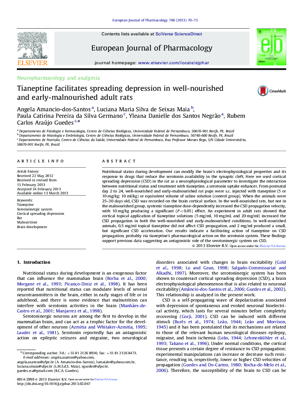 Neuropharmacology and analgesiaTianeptine facilitates spreading depression in well-nourished and early-malnourished adult rats