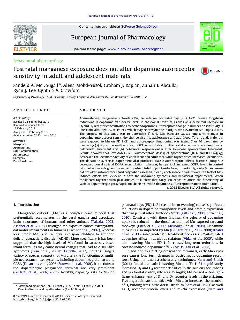 Postnatal manganese exposure does not alter dopamine autoreceptor sensitivity in adult and adolescent male rats