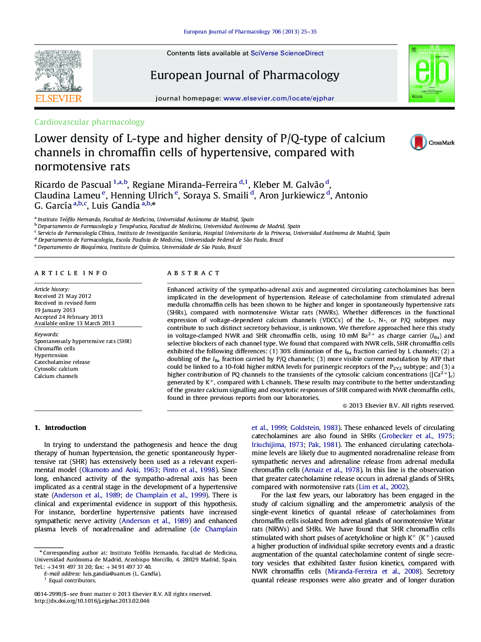 Lower density of L-type and higher density of P/Q-type of calcium channels in chromaffin cells of hypertensive, compared with normotensive rats