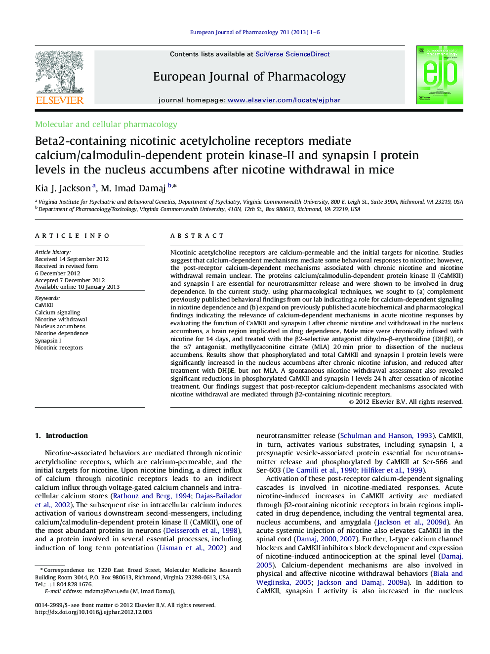 Beta2-containing nicotinic acetylcholine receptors mediate calcium/calmodulin-dependent protein kinase-II and synapsin I protein levels in the nucleus accumbens after nicotine withdrawal in mice