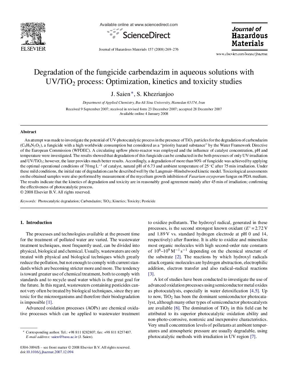 Degradation of the fungicide carbendazim in aqueous solutions with UV/TiO2 process: Optimization, kinetics and toxicity studies