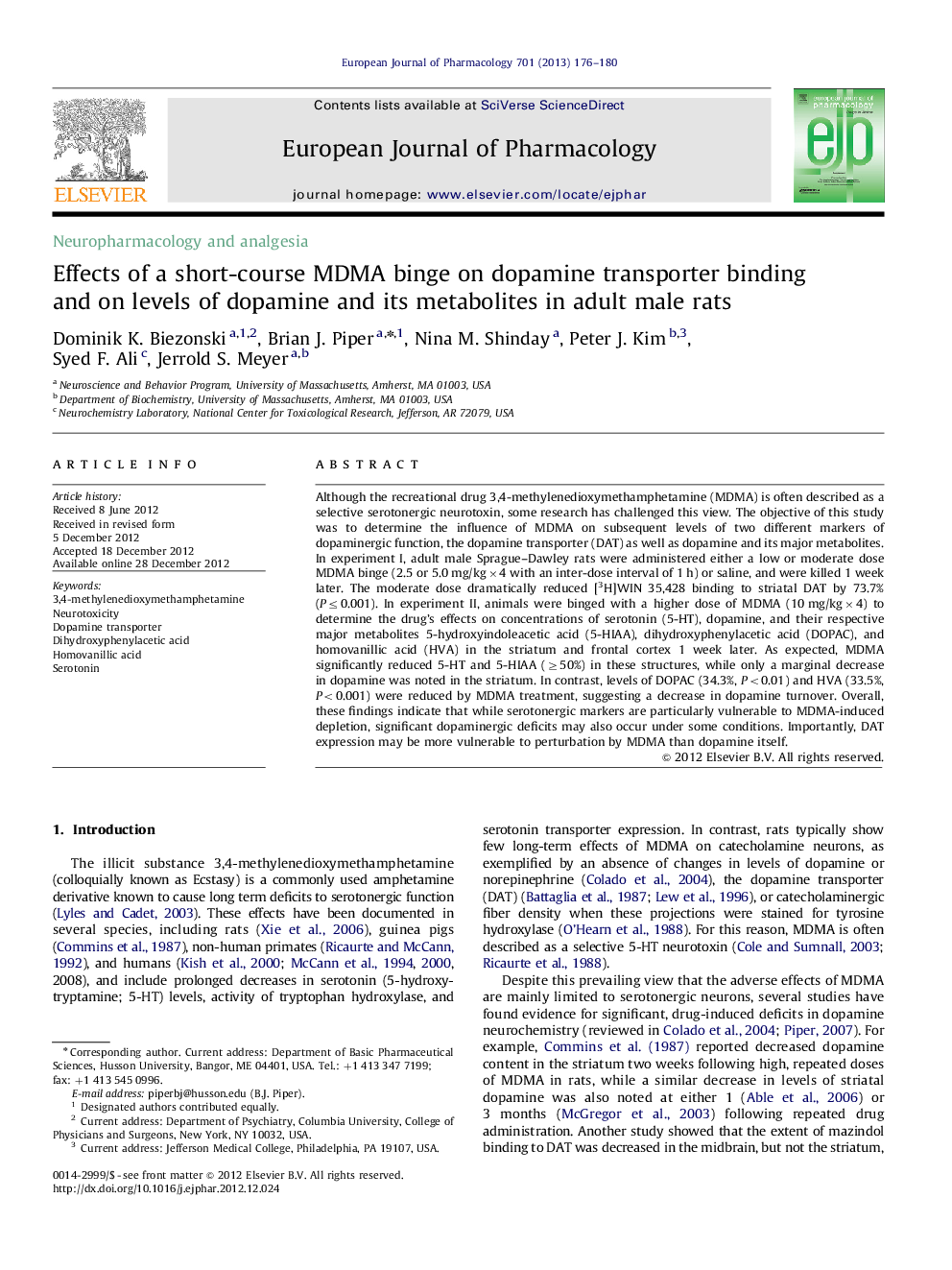 Effects of a short-course MDMA binge on dopamine transporter binding and on levels of dopamine and its metabolites in adult male rats