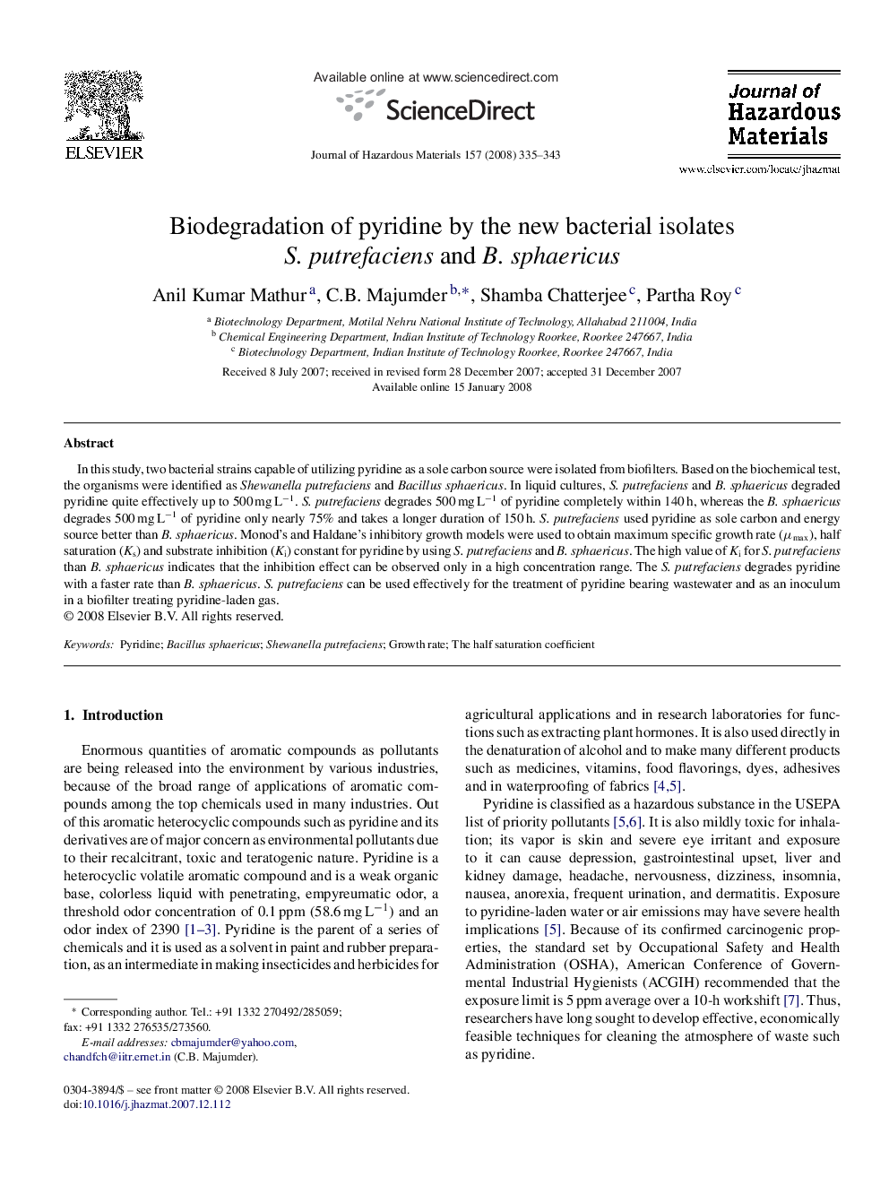 Biodegradation of pyridine by the new bacterial isolates S. putrefaciens and B. sphaericus