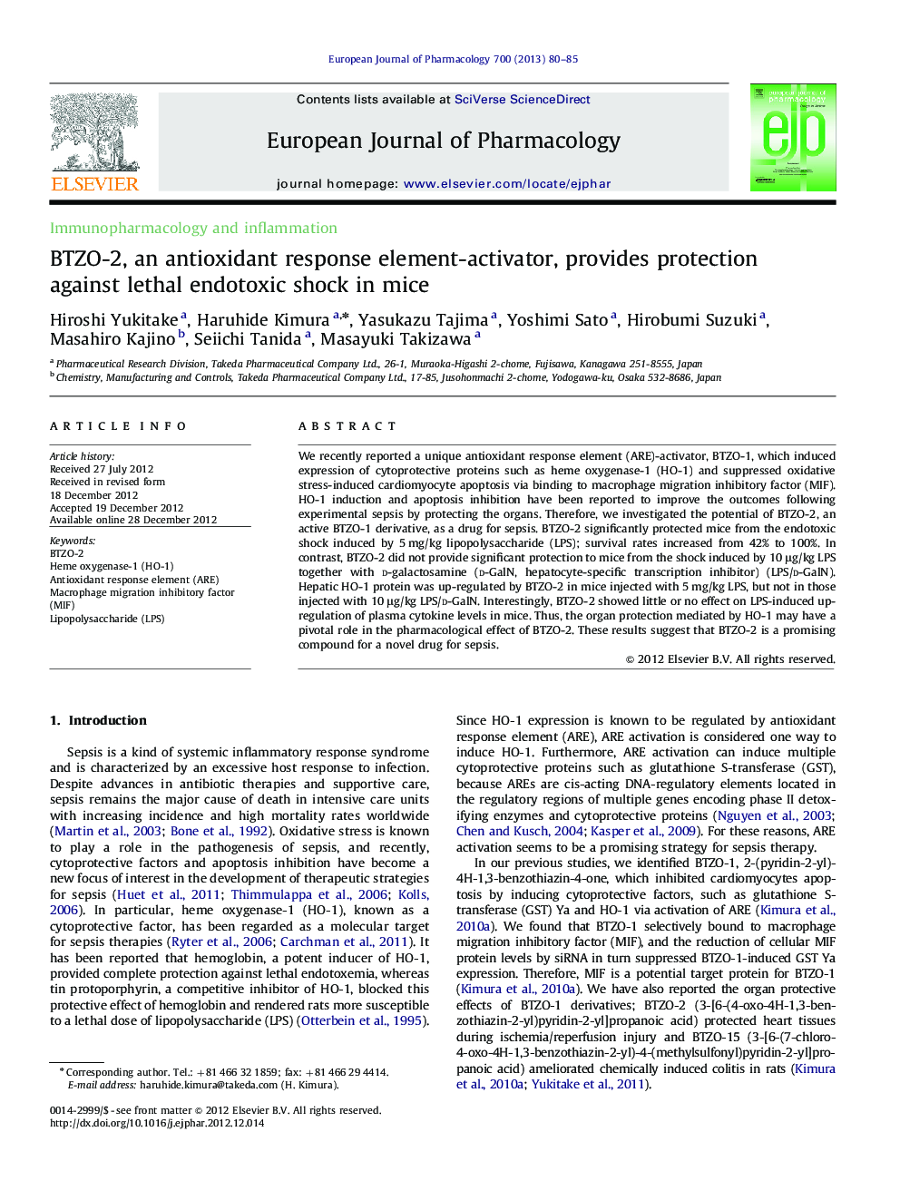 Immunopharmacology and inflammationBTZO-2, an antioxidant response element-activator, provides protection against lethal endotoxic shock in mice