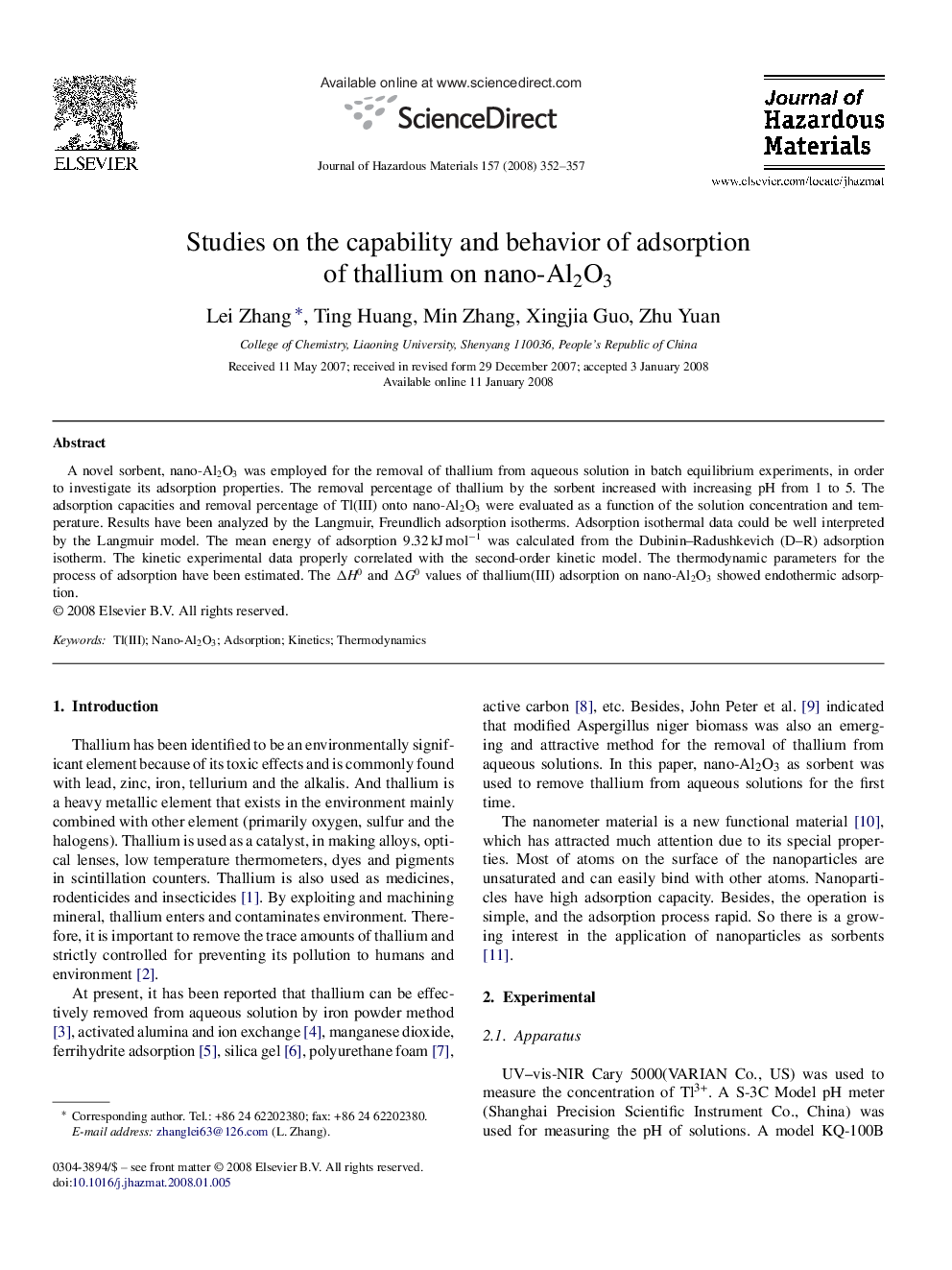 Studies on the capability and behavior of adsorption of thallium on nano-Al2O3