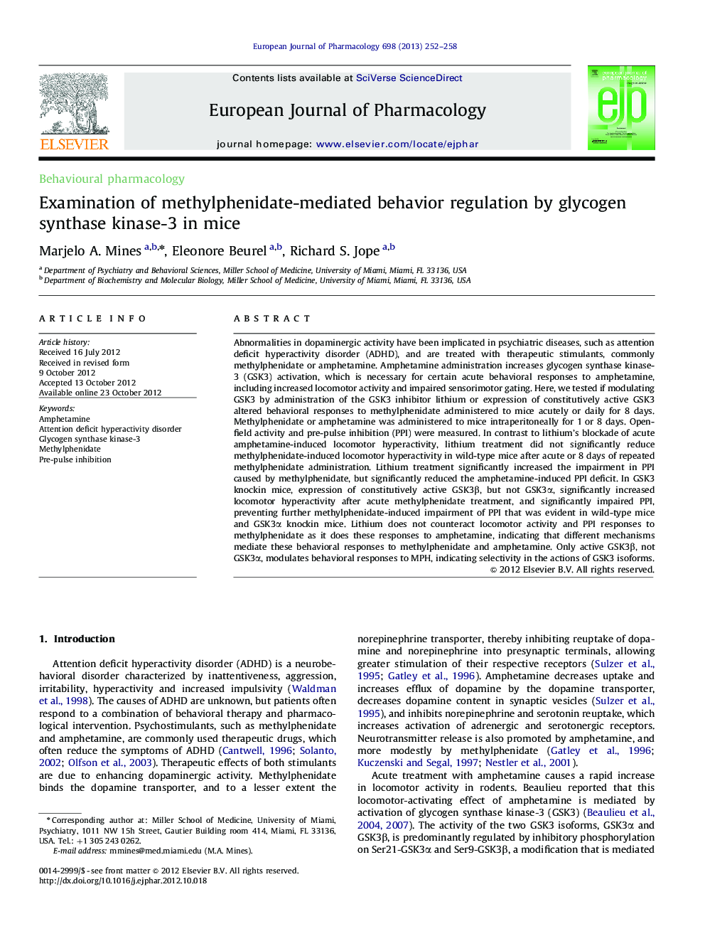 Examination of methylphenidate-mediated behavior regulation by glycogen synthase kinase-3 in mice