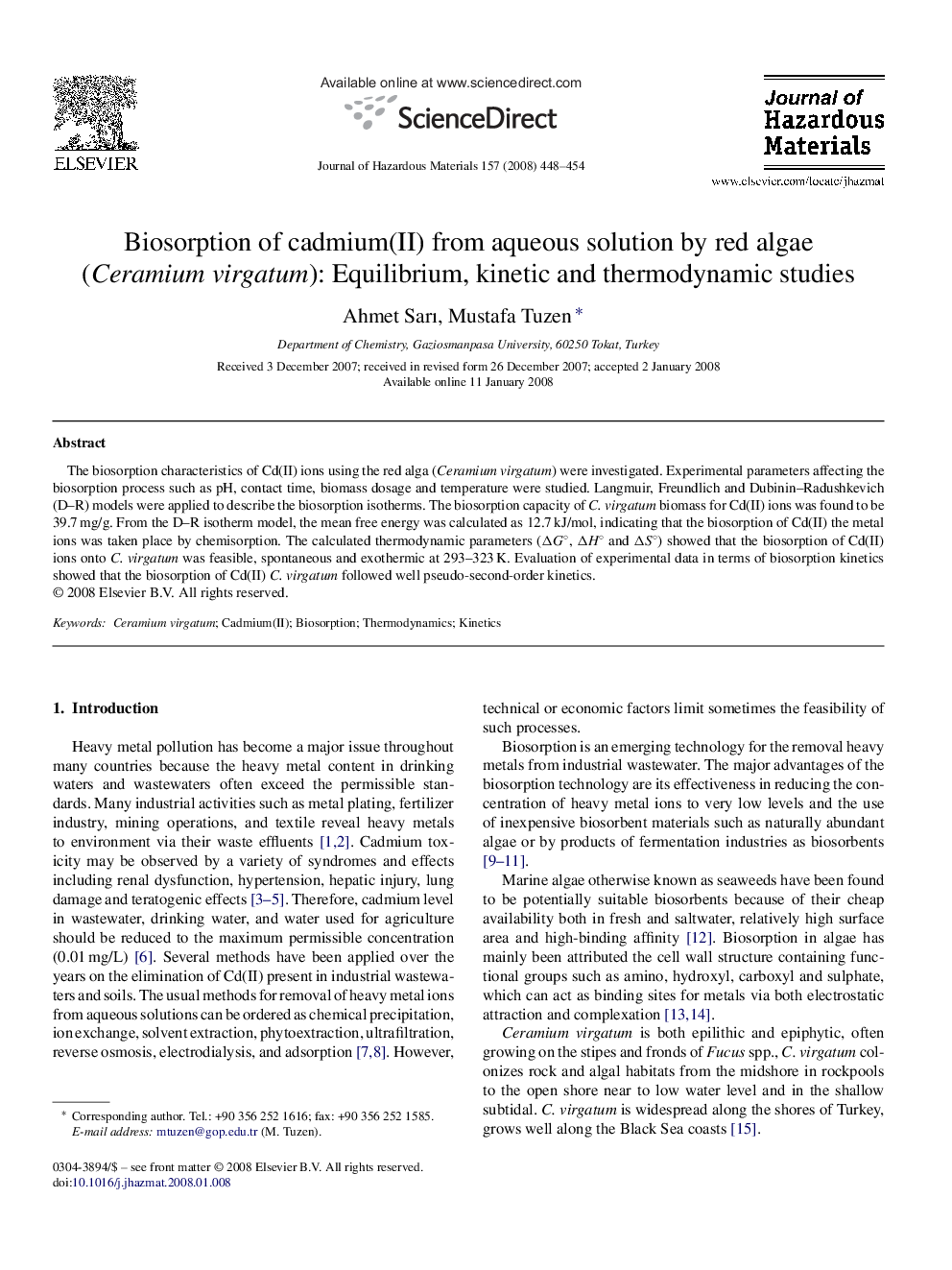 Biosorption of cadmium(II) from aqueous solution by red algae (Ceramium virgatum): Equilibrium, kinetic and thermodynamic studies