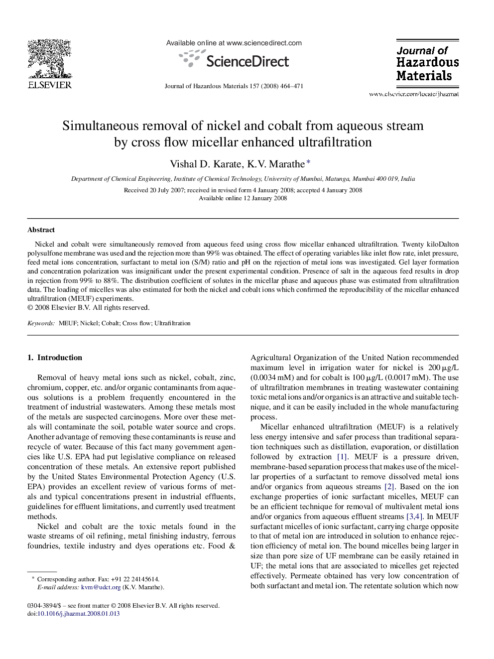 Simultaneous removal of nickel and cobalt from aqueous stream by cross flow micellar enhanced ultrafiltration