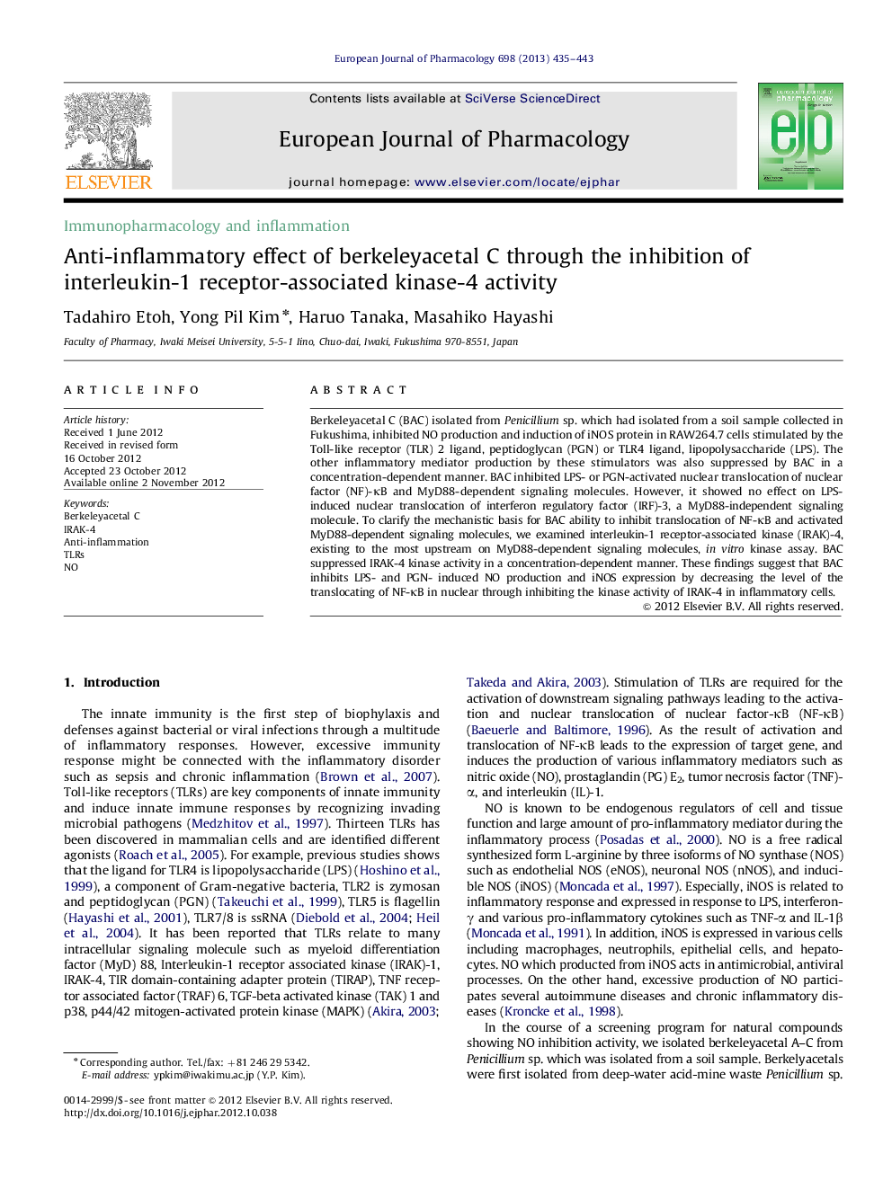 Immunopharmacology and inflammationAnti-inflammatory effect of berkeleyacetal C through the inhibition of interleukin-1 receptor-associated kinase-4 activity