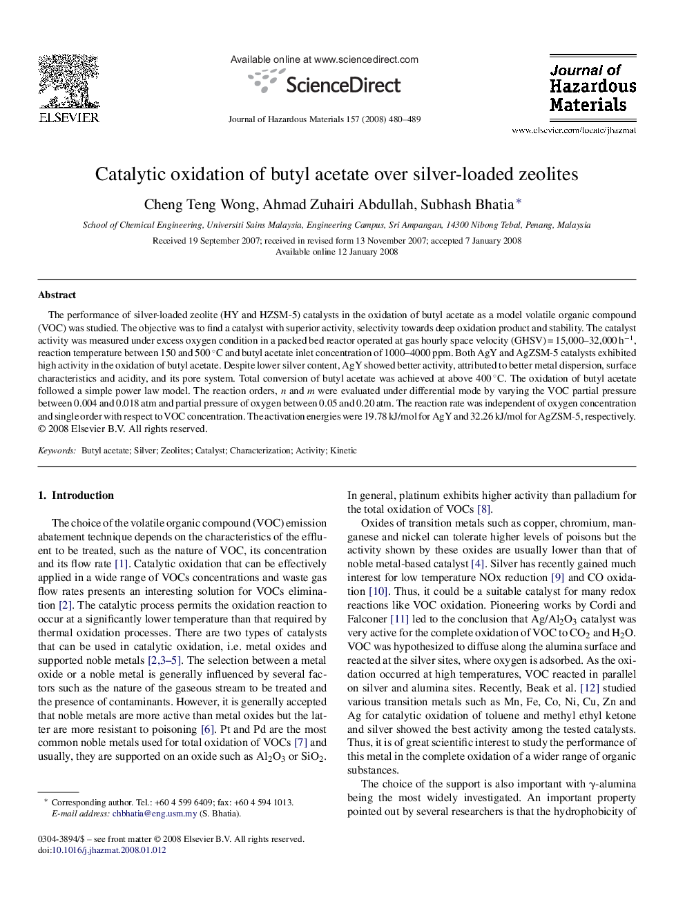 Catalytic oxidation of butyl acetate over silver-loaded zeolites