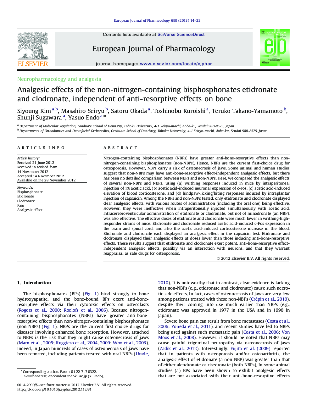 Analgesic effects of the non-nitrogen-containing bisphosphonates etidronate and clodronate, independent of anti-resorptive effects on bone