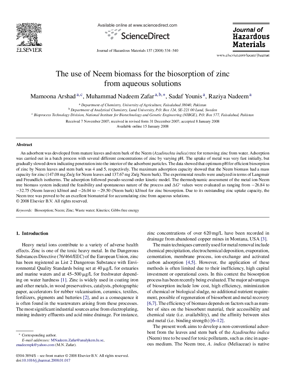 The use of Neem biomass for the biosorption of zinc from aqueous solutions