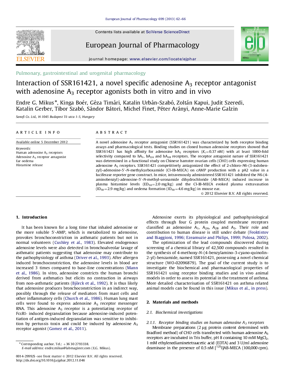 Interaction of SSR161421, a novel specific adenosine A3 receptor antagonist with adenosine A3 receptor agonists both in vitro and in vivo