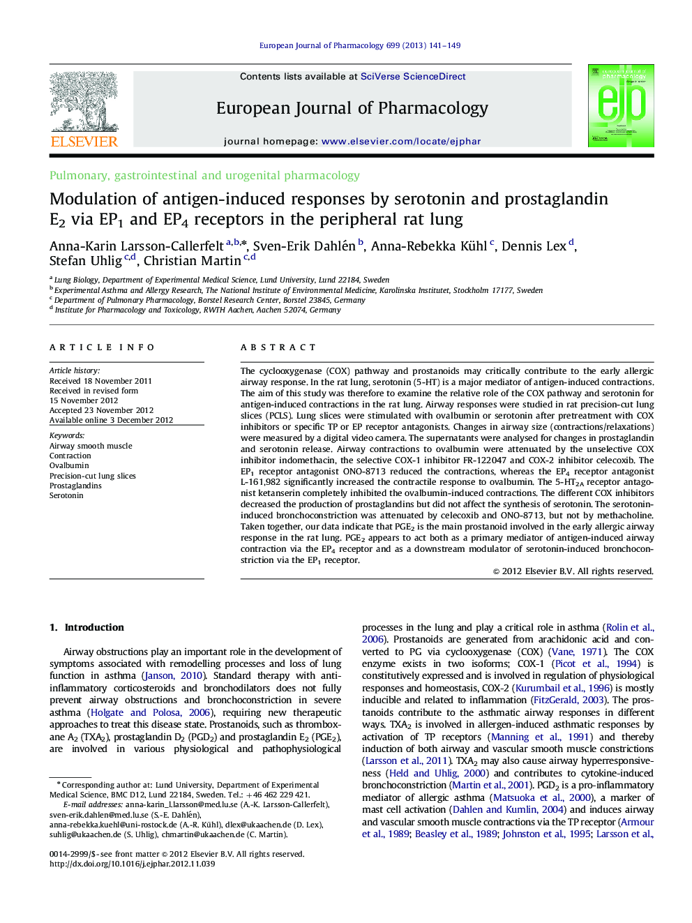 Modulation of antigen-induced responses by serotonin and prostaglandin E2 via EP1 and EP4 receptors in the peripheral rat lung