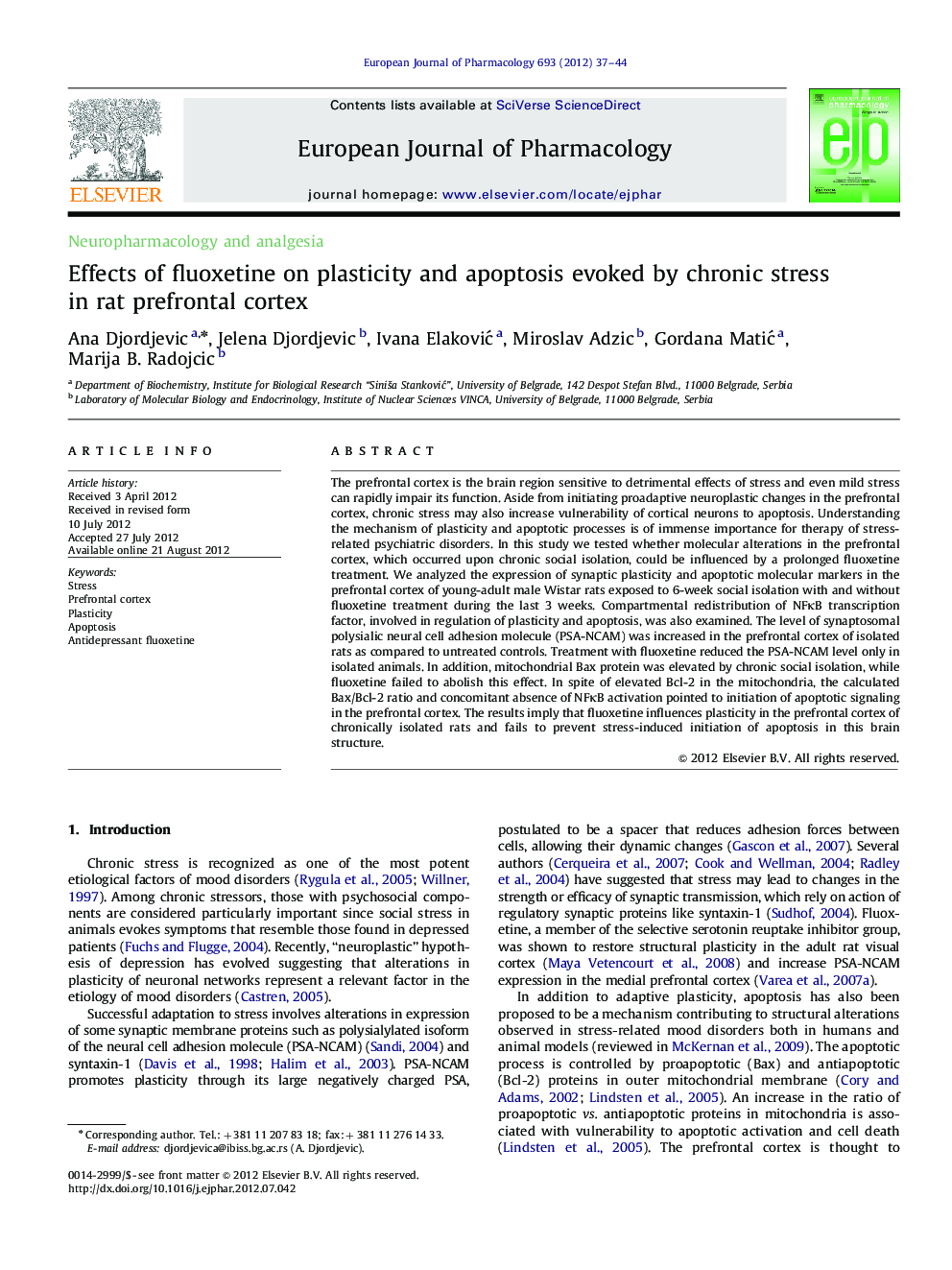 Effects of fluoxetine on plasticity and apoptosis evoked by chronic stress in rat prefrontal cortex