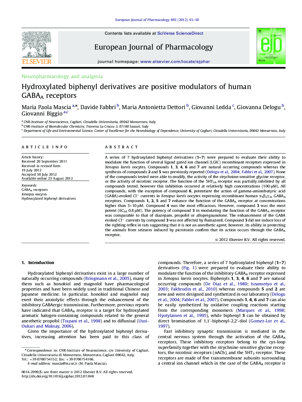 Hydroxylated biphenyl derivatives are positive modulators of human GABAA receptors