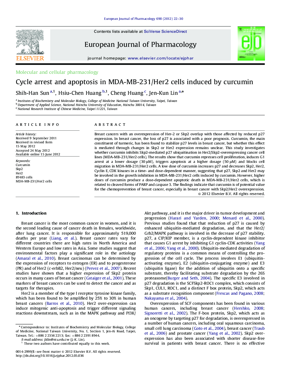 Cycle arrest and apoptosis in MDA-MB-231/Her2 cells induced by curcumin