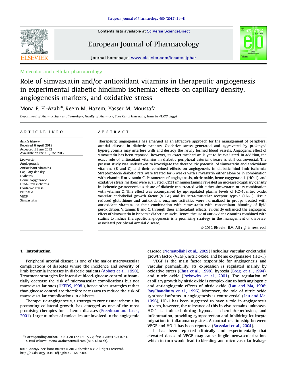 Role of simvastatin and/or antioxidant vitamins in therapeutic angiogenesis in experimental diabetic hindlimb ischemia: effects on capillary density, angiogenesis markers, and oxidative stress