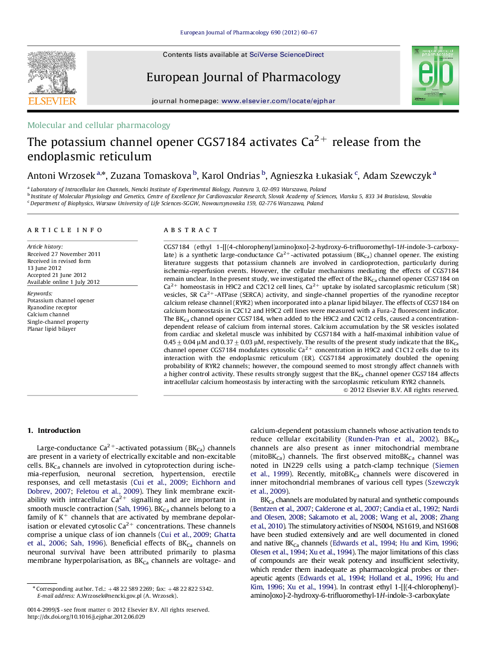 Molecular and cellular pharmacologyThe potassium channel opener CGS7184 activates Ca2+ release from the endoplasmic reticulum