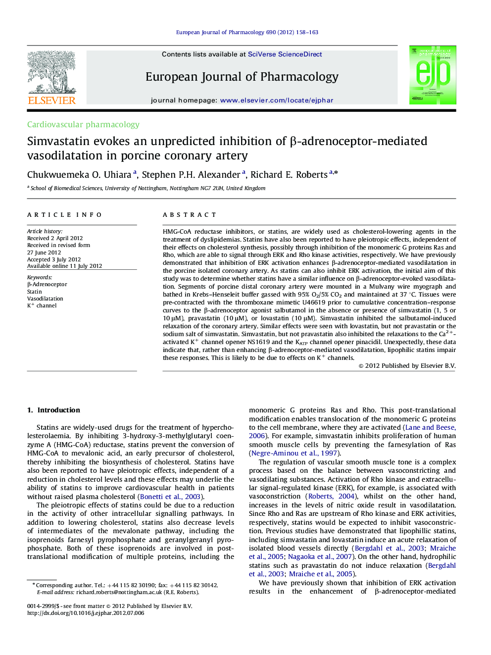 Simvastatin evokes an unpredicted inhibition of Î²-adrenoceptor-mediated vasodilatation in porcine coronary artery