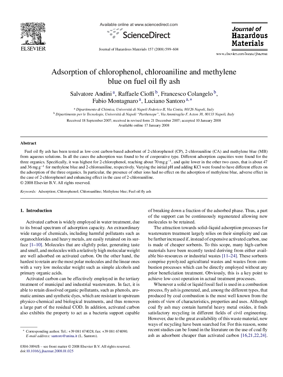 عکس صفحه اول مقاله: Adsorption of chlorophenol, chloroaniline and methylene blue on fuel oil fly ash Adsorption of chlorophenol, chloroaniline and methylene blue on fuel oil fly ash