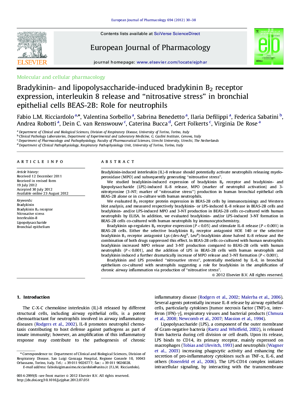 Bradykinin- and lipopolysaccharide-induced bradykinin B2 receptor expression, interleukin 8 release and “nitrosative stress” in bronchial epithelial cells BEAS-2B: Role for neutrophils