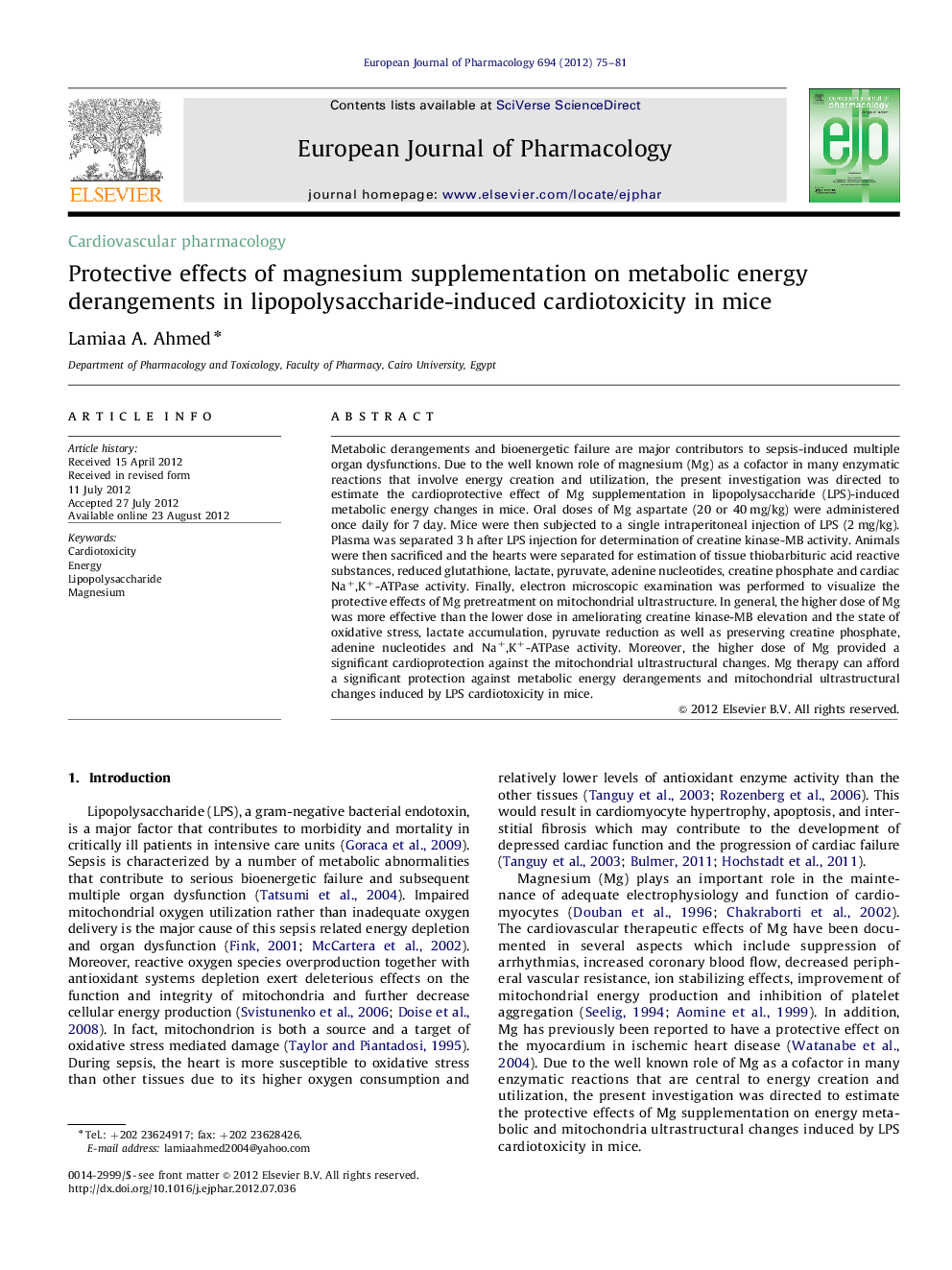 Protective effects of magnesium supplementation on metabolic energy derangements in lipopolysaccharide-induced cardiotoxicity in mice