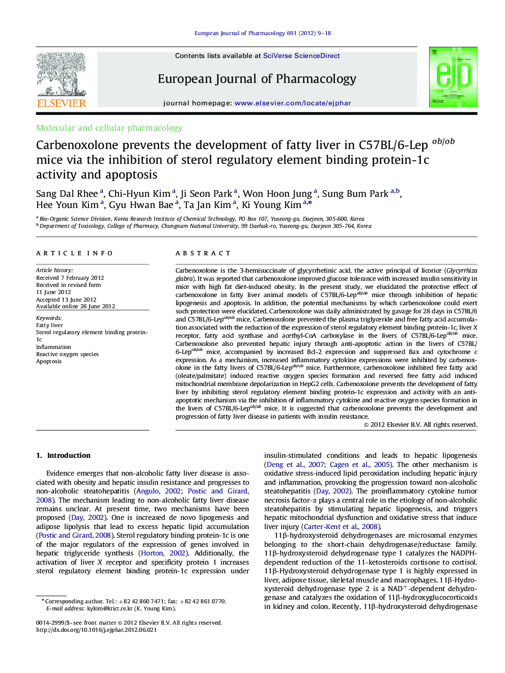 Molecular and cellular pharmacologyCarbenoxolone prevents the development of fatty liver in C57BL/6-Lep ob/ob mice via the inhibition of sterol regulatory element binding protein-1c activity and apoptosis