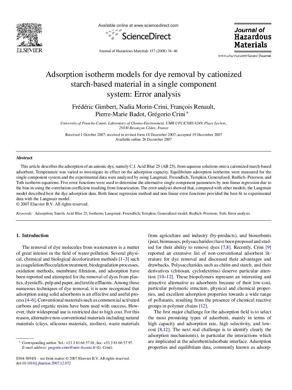 Adsorption isotherm models for dye removal by cationized starch-based material in a single component system: Error analysis