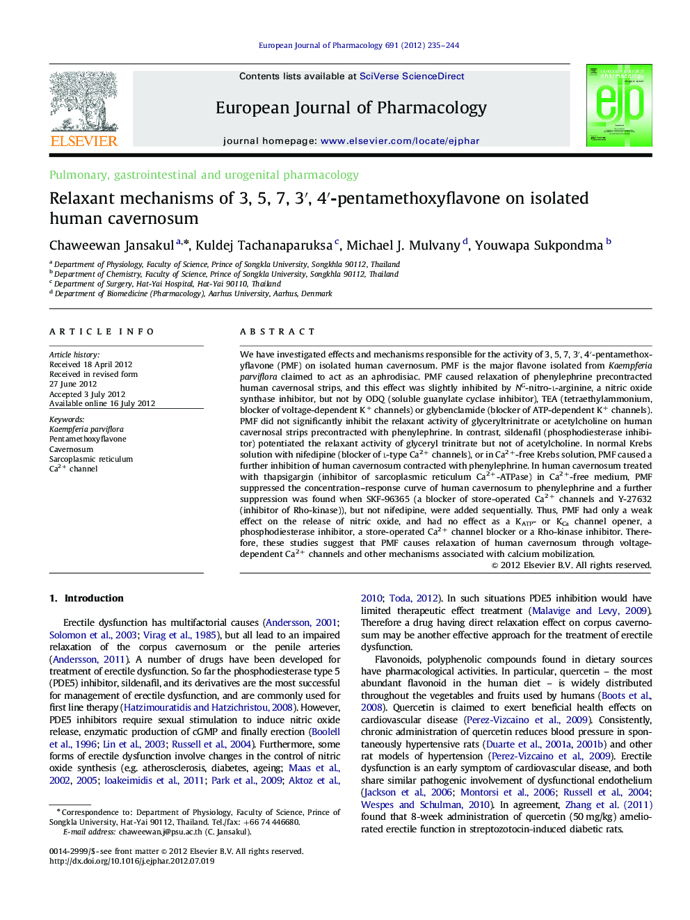 Pulmonary, gastrointestinal and urogenital pharmacologyRelaxant mechanisms of 3, 5, 7, 3â², 4â²-pentamethoxyflavone on isolated human cavernosum