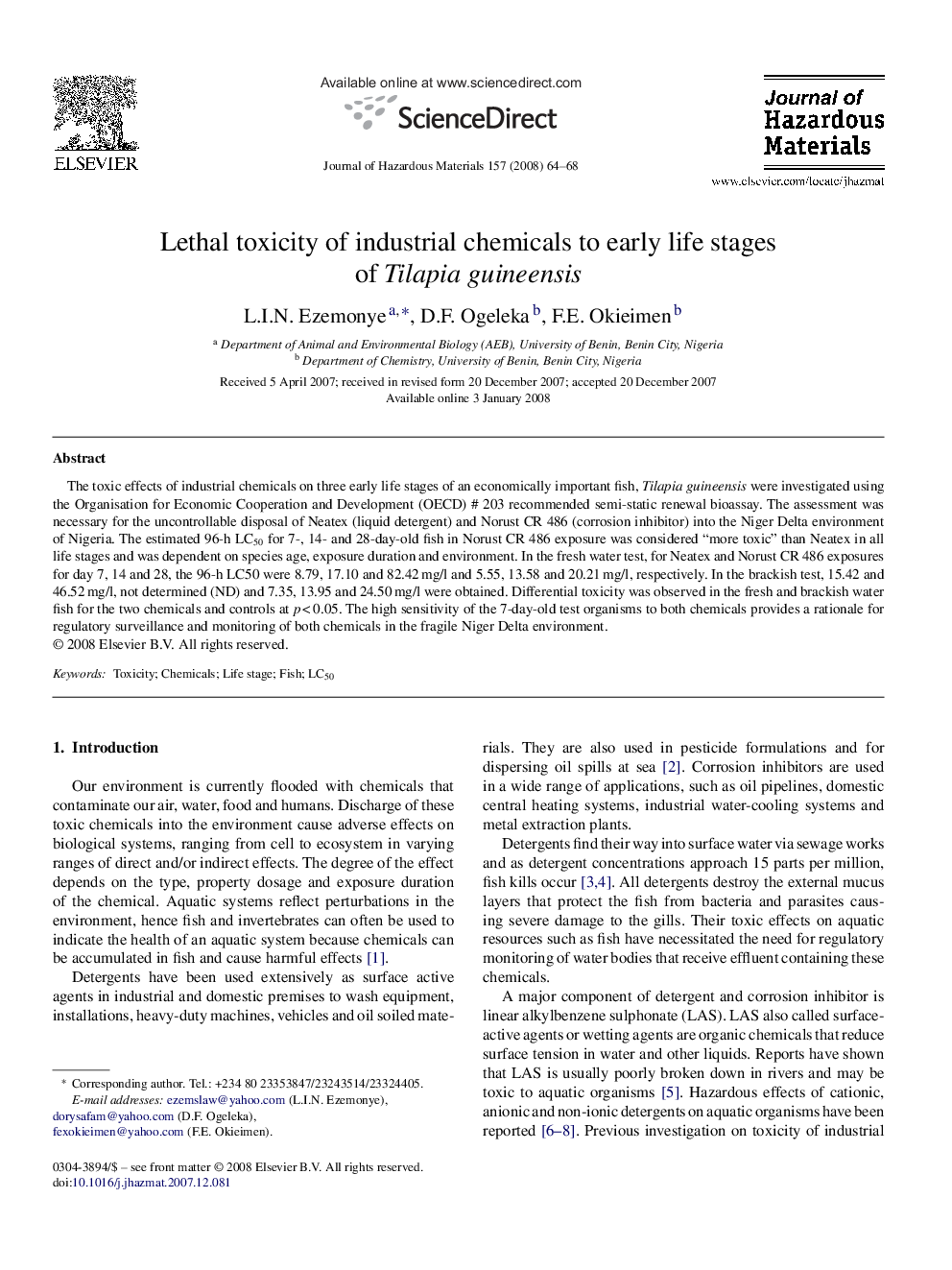 Lethal toxicity of industrial chemicals to early life stages of Tilapia guineensis