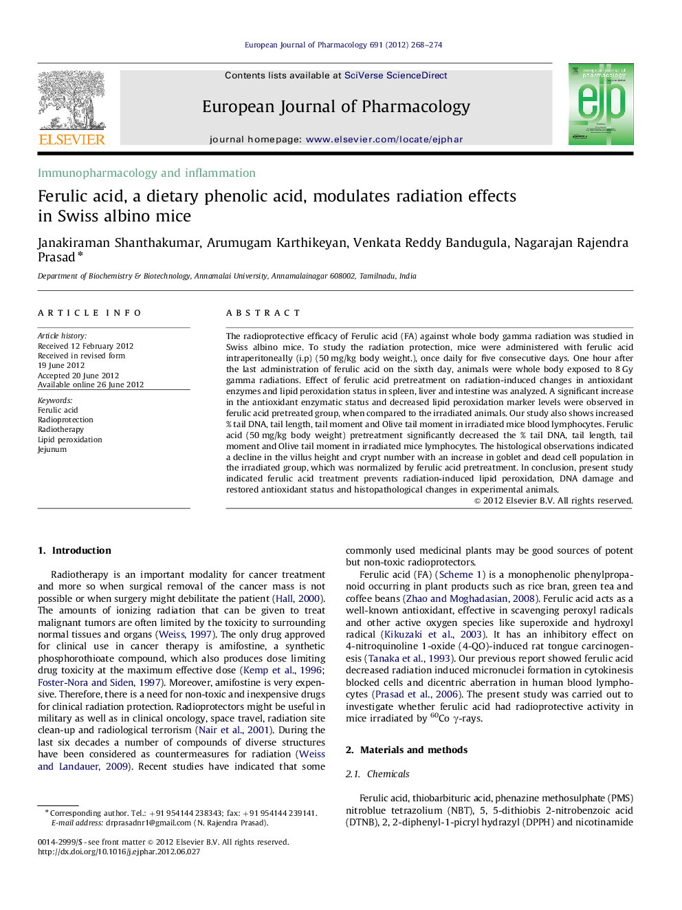 عکس صفحه اول مقاله: Ferulic acid, a dietary phenolic acid, modulates radiation effects in Swiss albino mice Ferulic acid, a dietary phenolic acid, modulates radiation effects in Swiss albino mice